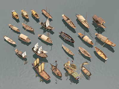 Various Traditional Wooden Boats of Different Sizes on Calm Water Surface 3d model