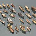 Various Traditional Wooden Boats of Different Sizes on Calm Water Surface