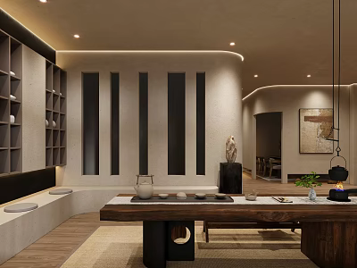 Modern Teahouse Interior With Long Table And Decorations 3d model