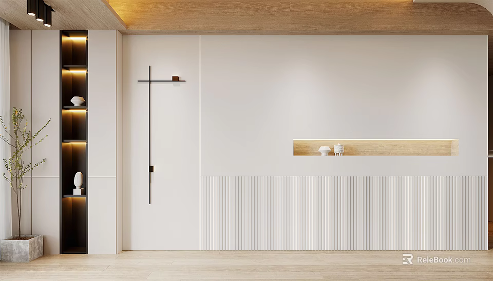 Modern Elegant Sofa Background Wall with White Wooden Panel LED Strips Niche and Artwork 3d model 