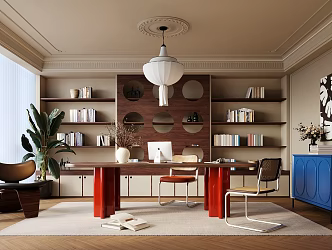 French Antique Study Casual Chair Side Cabinet 3d model