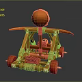 3D Model Military Vehicle Featuring Orange Yellow Wooden Frame Red Wheels And Top Circular Structure