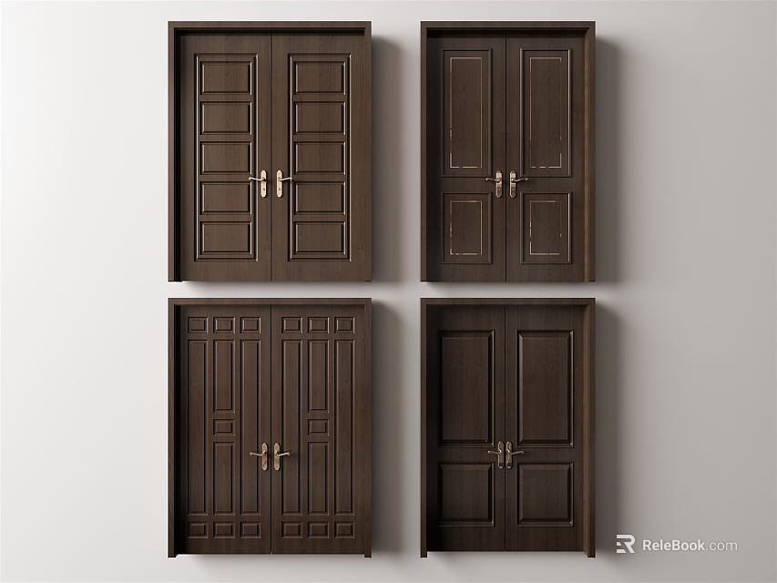 Dark Brown Wooden Double Doors With Various Panel Designs And Metal Handles 3d model 