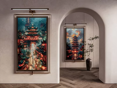 Chinese Pagoda Night Landscape Painting With Colorful Lights In Interior Decor Archway And Potted Plant 3d model