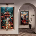 Chinese Pagoda Night Landscape Painting With Colorful Lights In Interior Decor Archway And Potted Plant