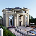 Luxury Detached Villa Exterior With Classic Architecture And Front Garden Fountain