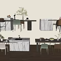 Modern Dining Table Set With Marble Countertop Colorful Chairs And Potted Plants