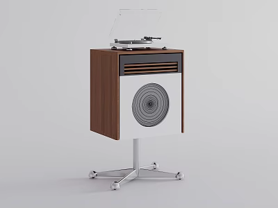 Vintage Record Player On Wooden Stand With Speaker And Modern Wheels 3d model