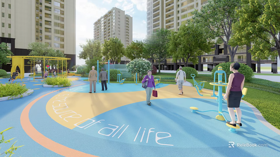 Kids Play Area with Colorful Ground Circle of All Life Text Play Structures and Trees 3d model 