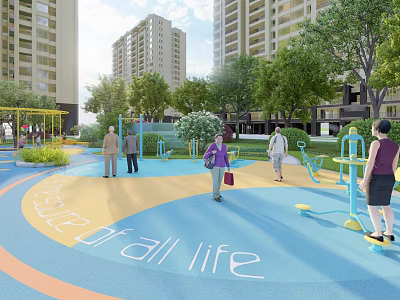 Kids Play Area with Colorful Ground Circle of All Life Text Play Structures and Trees 3d model