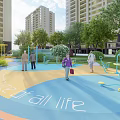 Kids Play Area with Colorful Ground Circle of All Life Text Play Structures and Trees