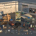 Various Miscellaneous Items Collection With Tools Shelves Boxes And Vending Machine
