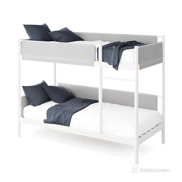Modern Bunk Bed With White Frame Gray And White Mattress Dark Blue Pillows And Blankets 3d model 