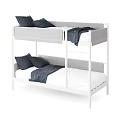 Modern Bunk Bed With White Frame Gray And White Mattress Dark Blue Pillows And Blankets