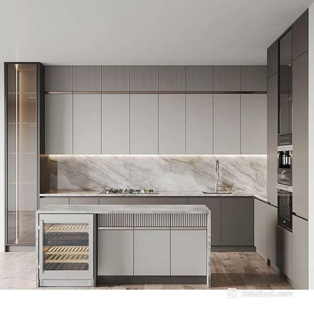 Modern Gray Kitchen Cabinets with Island Marble Countertop and Built-in Appliances 3d model 