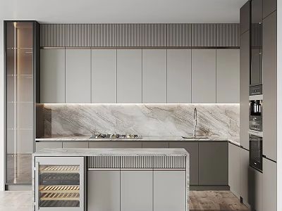Modern Gray Kitchen Cabinets with Island Marble Countertop and Built-in Appliances 3d model