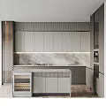 Modern Gray Kitchen Cabinets with Island Marble Countertop and Built-in Appliances