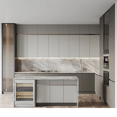 Modern Gray Kitchen Cabinets with Island Marble Countertop and Built-in Appliances 3d model