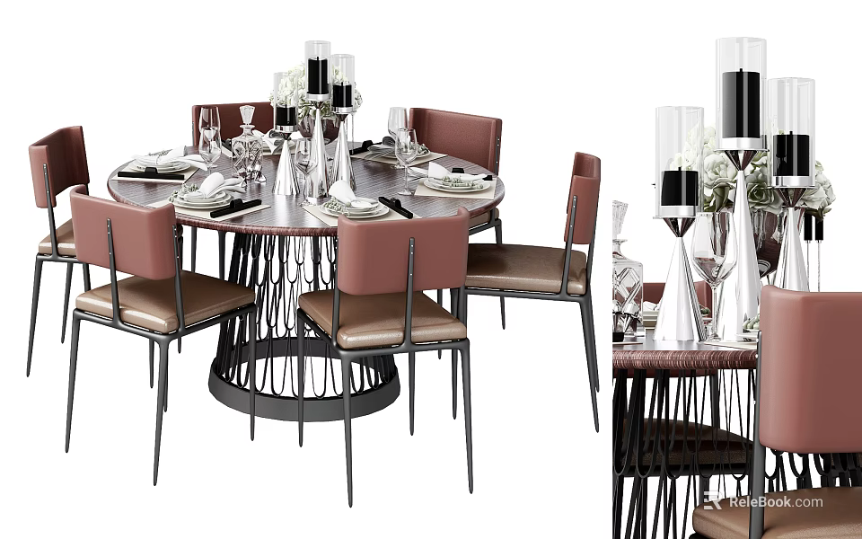 Elegant Dining Set With Round Table Leather Chairs Metal Frame And Candlestick Decor 3d model 