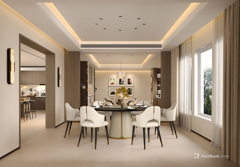 Modern Elegant Restaurant Interior With Round Table White Chairs Pendant Lights Open Design Window View 3d model