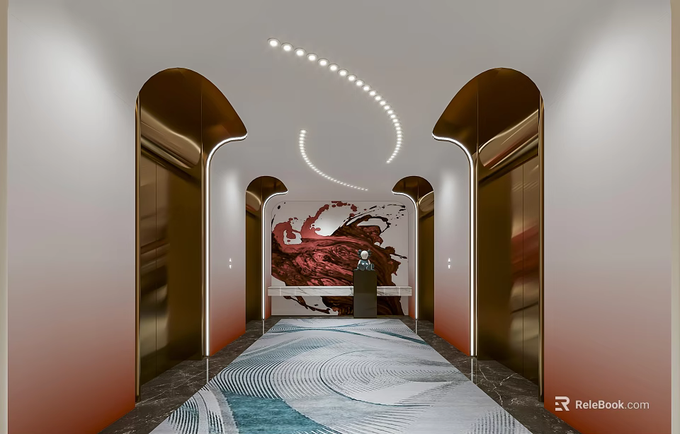 Elevator Hallway With Modern Lighting Artistic Wall Painting Stylish Doors And Elegant Floor Design 3d model 