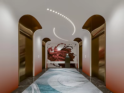 Elevator Hallway With Modern Lighting Artistic Wall Painting Stylish Doors And Elegant Floor Design 3d model
