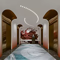 Elevator Hallway With Modern Lighting Artistic Wall Painting Stylish Doors And Elegant Floor Design