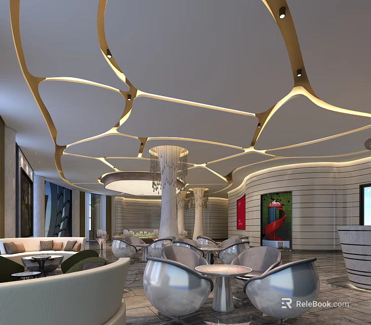 Luxurious Sales Office Interior With Unique Curved Ceiling Design And Modern Furniture 3d model 
