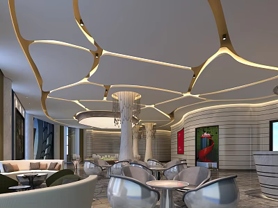 Luxurious Sales Office Interior With Unique Curved Ceiling Design And Modern Furniture 3d model
