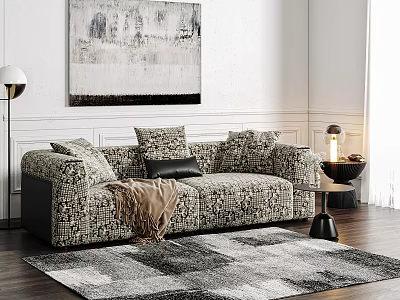 Modern Living Room Interior With Patterned Sofa Throw Pillows Area Rug And Abstract Wall Art 3d model