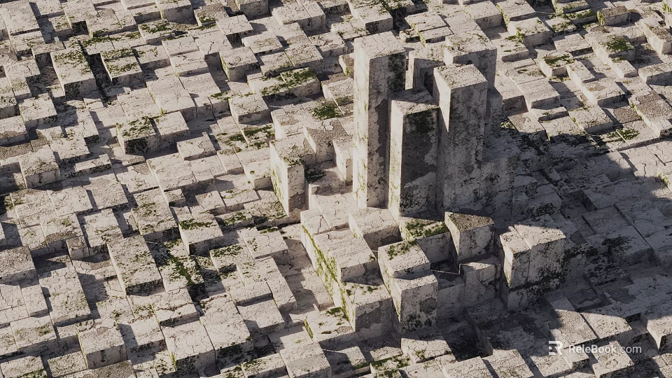 Ancient Stone Block Structure With Moss Covered Surfaces And Geometric Pattern Arrangement 3d model 