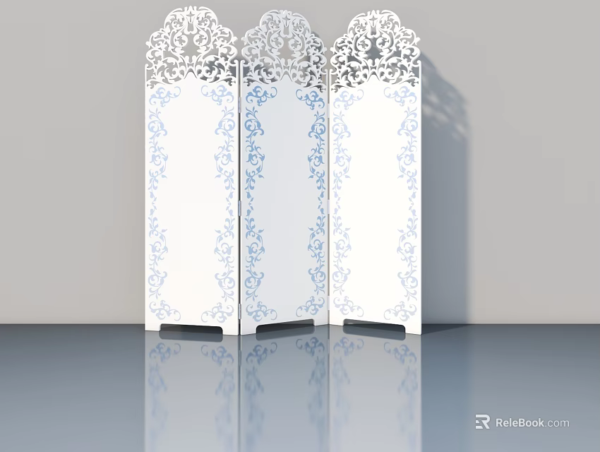 Three Panel White Swing Door With Blue Decorative Patterns And Carved Top Design 3d model