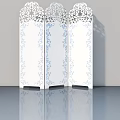 Three Panel White Swing Door With Blue Decorative Patterns And Carved Top Design 3d model