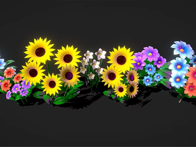 Vibrant Mixed Color Flowers Including Sunflowers Purple Blue Pink Blooms Arranged Against Black Background 3d model