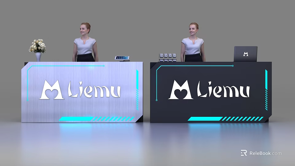 Silver and Black Reception Desks with Liemu Logo Heart Design Blue Glowing Lines and Staff 3d model 