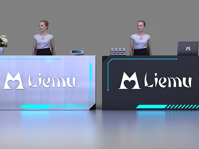 Silver and Black Reception Desks with Liemu Logo Heart Design Blue Glowing Lines and Staff 3d model