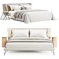 Modern Double Bed With Light Colored Headboard Wooden Nightstands And Striped Bedding Soft Pillows