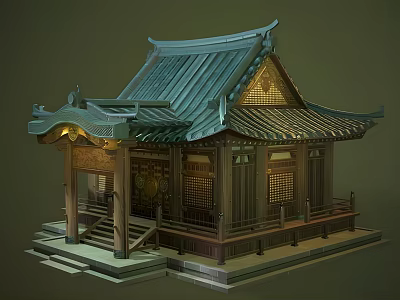Cartoon Scene of Traditional Chinese Architecture with Green Roof Wooden Structure and Decorative Eaves 3d model