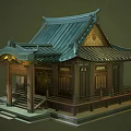 Cartoon Scene of Traditional Chinese Architecture with Green Roof Wooden Structure and Decorative Eaves