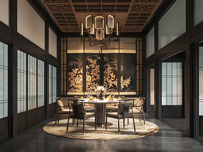 New Chinese Restaurant Box Dining Table and Chair Combination Room 3d model