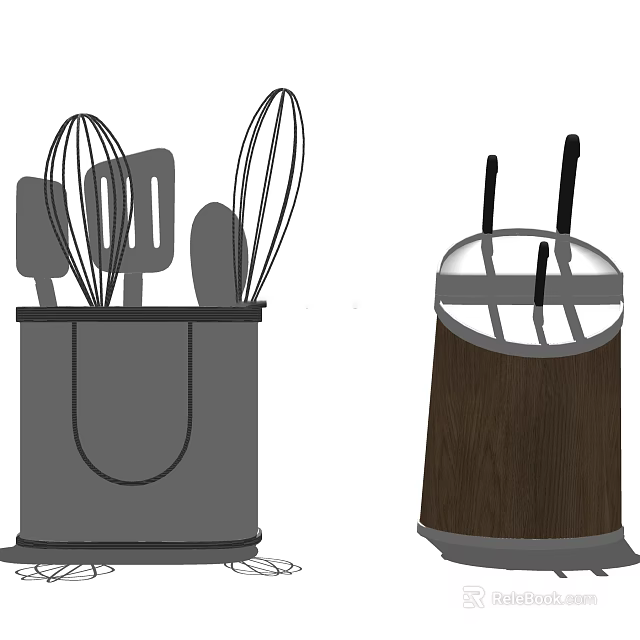 Practical Kitchen Utensils Storage with Grey and Wooden Containers Holding Whisks Spatulas and Knives 3d model 