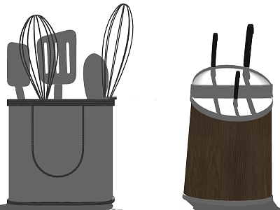 Practical Kitchen Utensils Storage with Grey and Wooden Containers Holding Whisks Spatulas and Knives 3d model