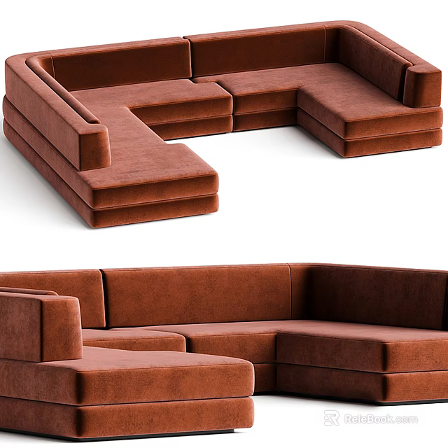 Brown L Shaped Sectional Sofa With Comfortable Velvet Upholstery And Spacious Seating 3d model 