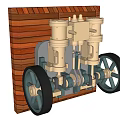 Industrial Equipment Featuring Dual Cylinders Metal Components Black Wheels And Wooden Structure Background