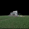 Modern Pavilion Triangular Roof White Exterior Green Grass Field Balcony Terrace Green Umbrellas Small Trees
