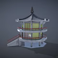 Traditional Chinese Multi tiered Pavilion With Curved Roof Red Railings And Staircase