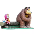 Wooden Outdoor Chair Featuring Girl and Bear Statues With Colorful Ball and Grass