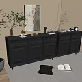 Modern Entryway Cabinet And Sideboard With Potted Plant Framed Artwork Decorative Items And Striped Rug
