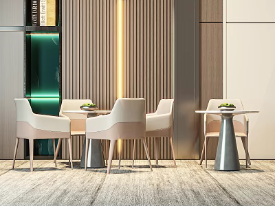 Modern Accent Chairs In Interior With Wooden Wall Panels Round Tables And Soft Lighting 3d model
