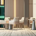Modern Accent Chairs In Interior With Wooden Wall Panels Round Tables And Soft Lighting